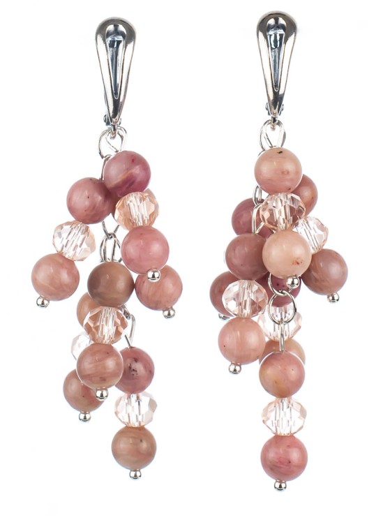 Серьги из родонита и хрусталя "Смородина" 03-1126