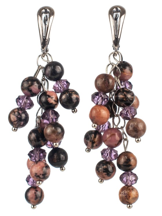 Серьги из родонита и хрусталя "Смородина" 03-1127