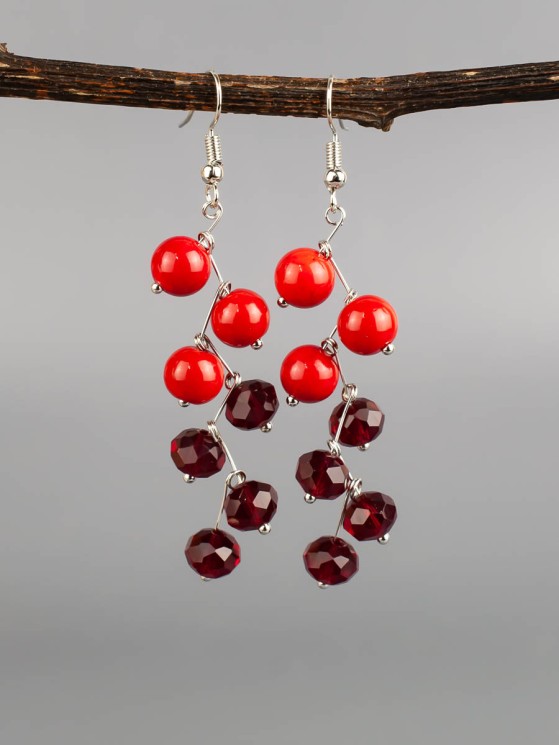 Серьги "Ёлочка" коралл, хрусталь с8309