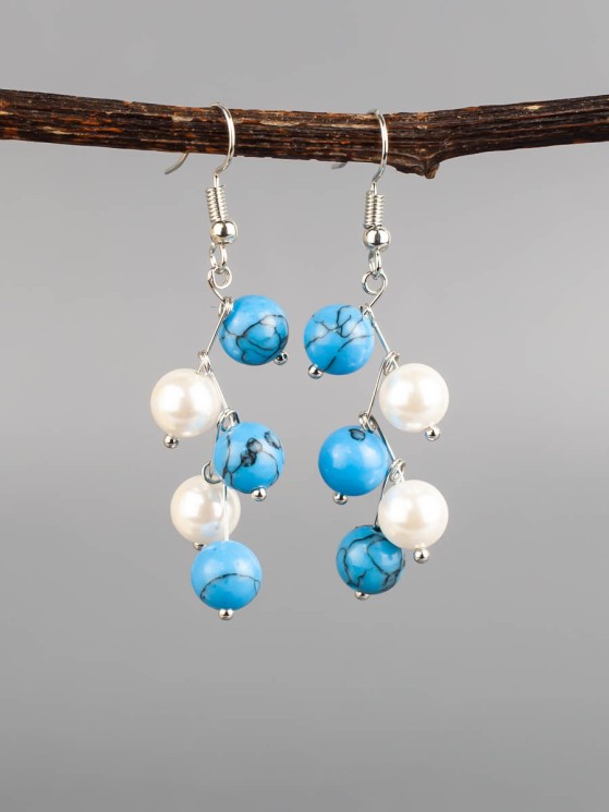Серьги "Ёлочка" иск. бирюза, жемчуг "Майорка" с8340
