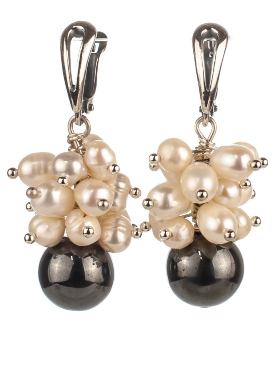 Серьги из жемчуга и гематита "Мелодия" 03-698